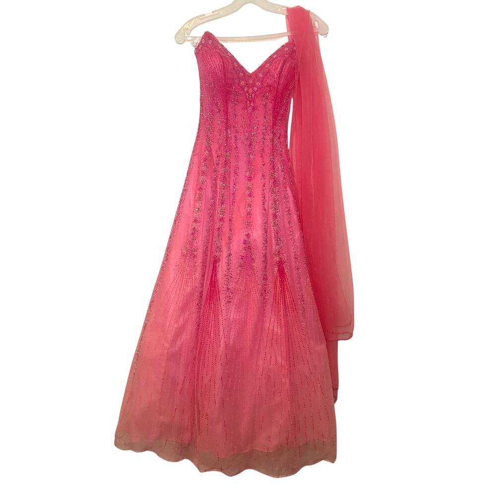 Vintage Alyce Designs Silk Pink Ombre Beaded Sequin Prom Dress Gown Size 0 Y2K